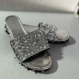 Womens Studded Reptile Silver Slide Sandals